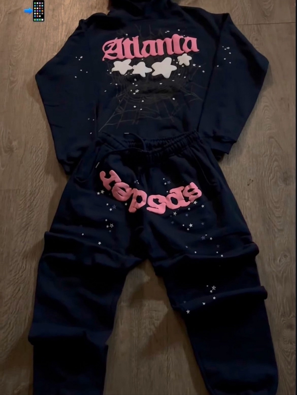 Navy Blue Two-Piece Hoodie & Joggers Set with Pink Graphic